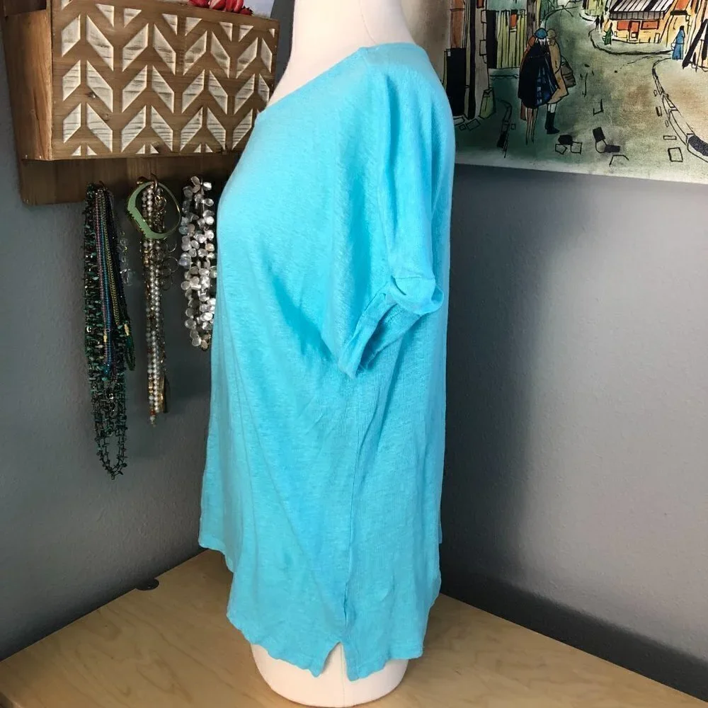 Charter Club Luxury Linen Top Women's size M Aqua Blue Short Sleeve NEW - Picture 5 of 6